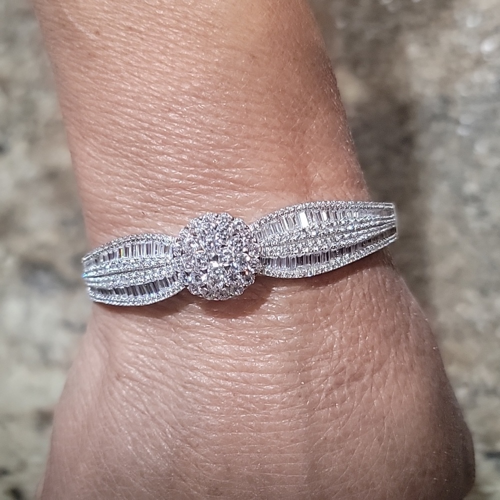 Tiara Cubic Zirconia Baguette Cluster Bangle Bracelet in Sterling Silver